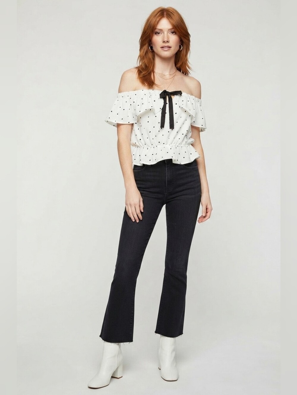 NEW White & Black Polka Dot Off Shoulder Blouse Size M